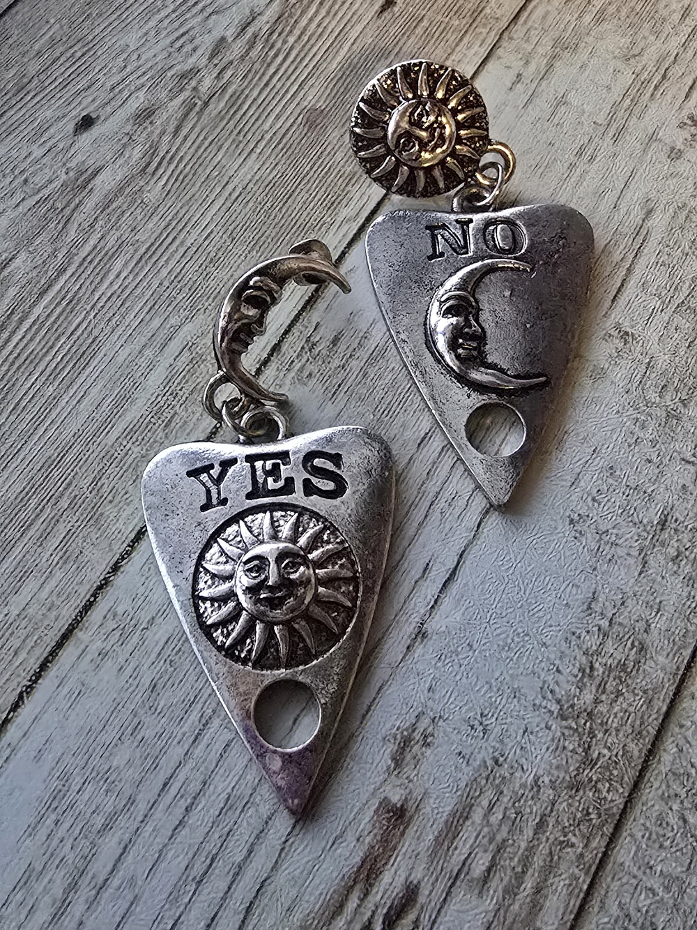 Sun & Moon Yes & No Planchette Earrings - Silver Tone Ouija